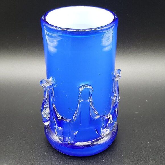 Murano Style Vintage Cobalt Blue White Cased Clear Rigaree Art Glass Vase - Picture 2 of 10